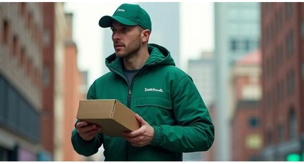 SwiftTrack uniformed courier delivering a package in Manchester city